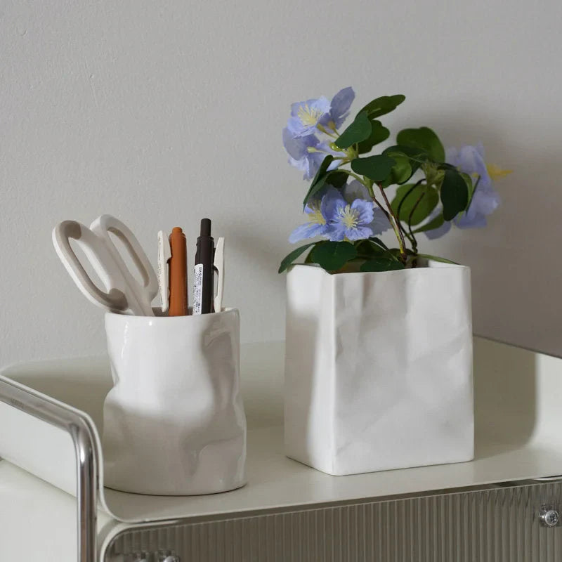 Textured Crumpled Paper Bag Ceramic Desktop Organizer