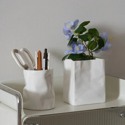 Textured Crumpled Paper Bag Ceramic Desktop Organizer