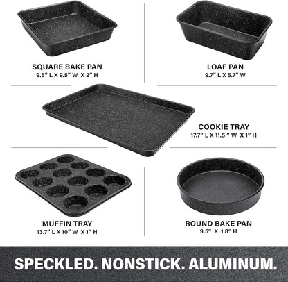 Granite Stone Pro 5 Piece Bakeware Set, 0.8MM Gauge, Durable Nonstick Surface, Oven Safe 550°F with No Warping, Dishwasher Safe, Cookie Sheet, Muffin Pan, Loaf Pan & round Pan and XL Rectangular Tray