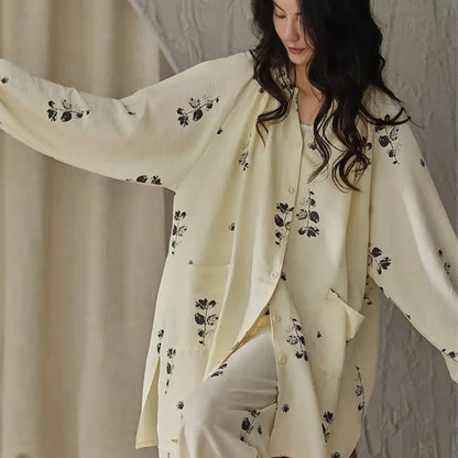 Lightweight Textured Botanical Print Cotton Pajama Set