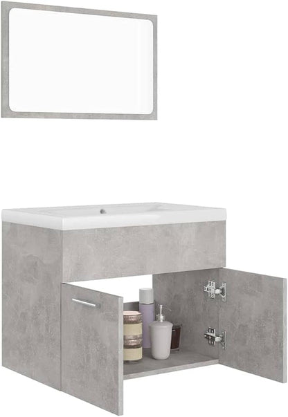 Bathroom Floor Cabinet Set of 3, Modern Bathroom Storage Cabinet Set with Mirror& Sink Cabinet& Built-In Basin, Chipboard+Ceramic Furniture Set for Bathroom, Concrete Gray Bathroom Furniture Bathroom Sets Furniture Home & Kitchen