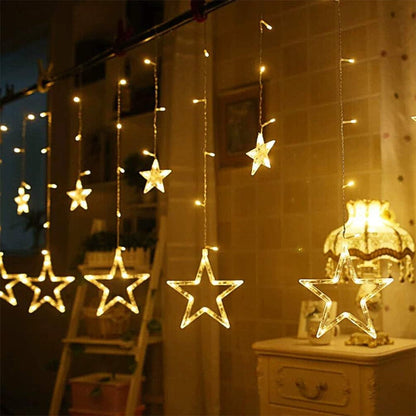 EEFOW Christmas Star Curtain Lights for Window - 138 LED 12 Stars String Lamp 8 Lighting Modes Fairy Xmas Decorations for Party Gift Outdoor Indoor Home Decor Bedroom Warm White US Plug