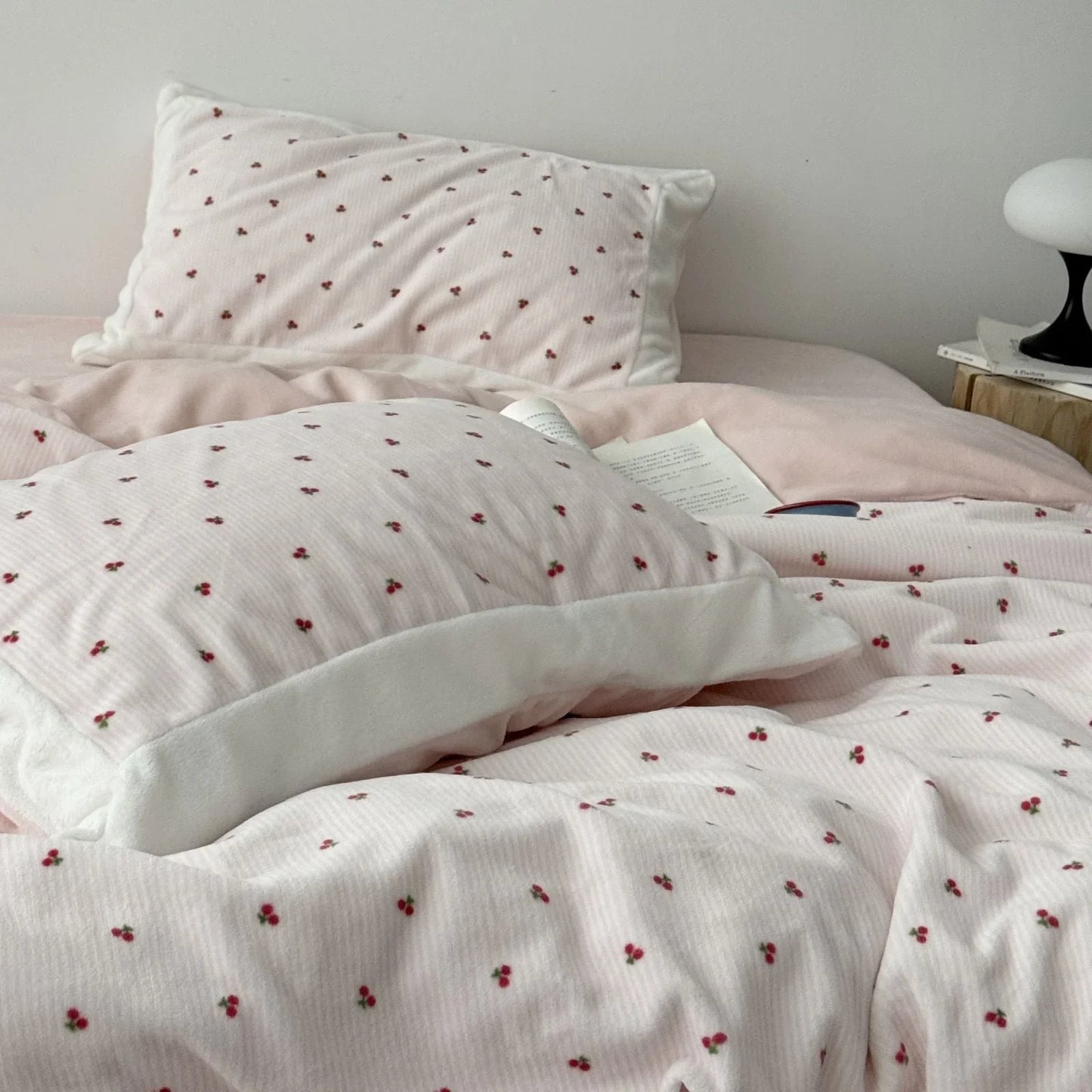 Plush Embroidered Cherry Flannel Fleece Bedding Set