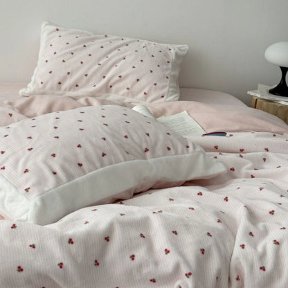 Plush Embroidered Cherry Flannel Fleece Bedding Set