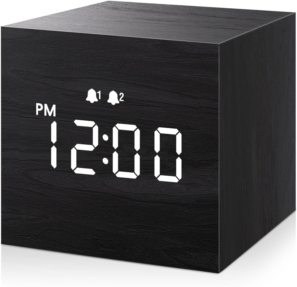 JALL Digital Alarm Clock, with Wooden Electronic LED Time Display, Dual Alarm, 2.5-Inch Cubic Small Mini Wood Made Electric Clocks for Bedroom, Bedside, Desk, Black Alarm Clocks Clocks Home & Kitchen Home Décor Products