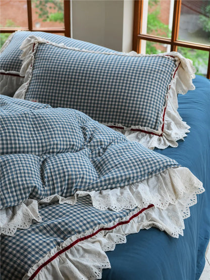 Lace Ruffle Gingham Washed Cotton Bedding Set