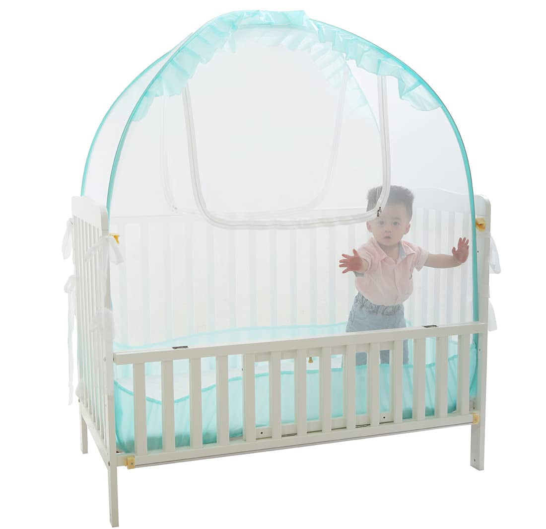 Crib Tent to Keep Toddler In, V-Fyee Baby Bed Tent Safety Mosquito Netting Canopy Cover to Protect Baby from Biting and Falling - Keep Baby from Climbing Out (Cyan, L51”X W27.5” X H51”) Baby Bedding Baby Products Bedding Bedding Accessories Mosquito Protection Nursery