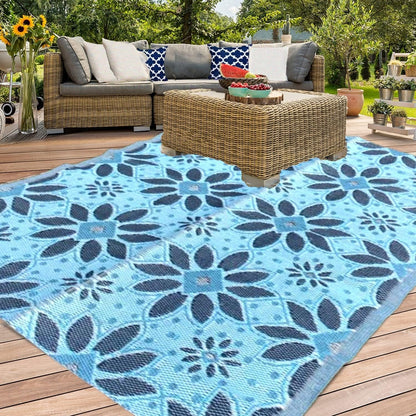 Balajeesusa Outdoor Rug - 5X7 Sky Blue, Black, Grey, Reversible Recycled Plastic Straw Outdoor Patio Rugs Clearance Waterproof Large RV Camper Rug 287 Lawn & Garden Outdoor Décor Outdoor Rugs Patio