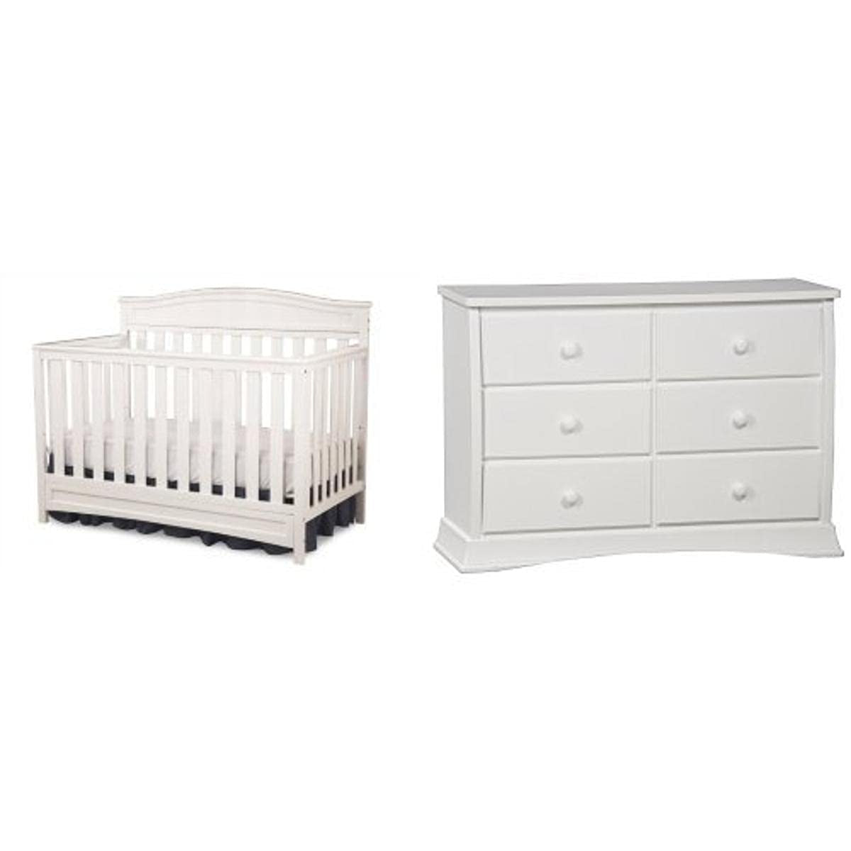 Delta Children Emery 4-In-1 Crib, White and Children Bentley Six Drawer Dresser, White Baby Products Changing & Dressing Chests & Dressers Furniture Nursery