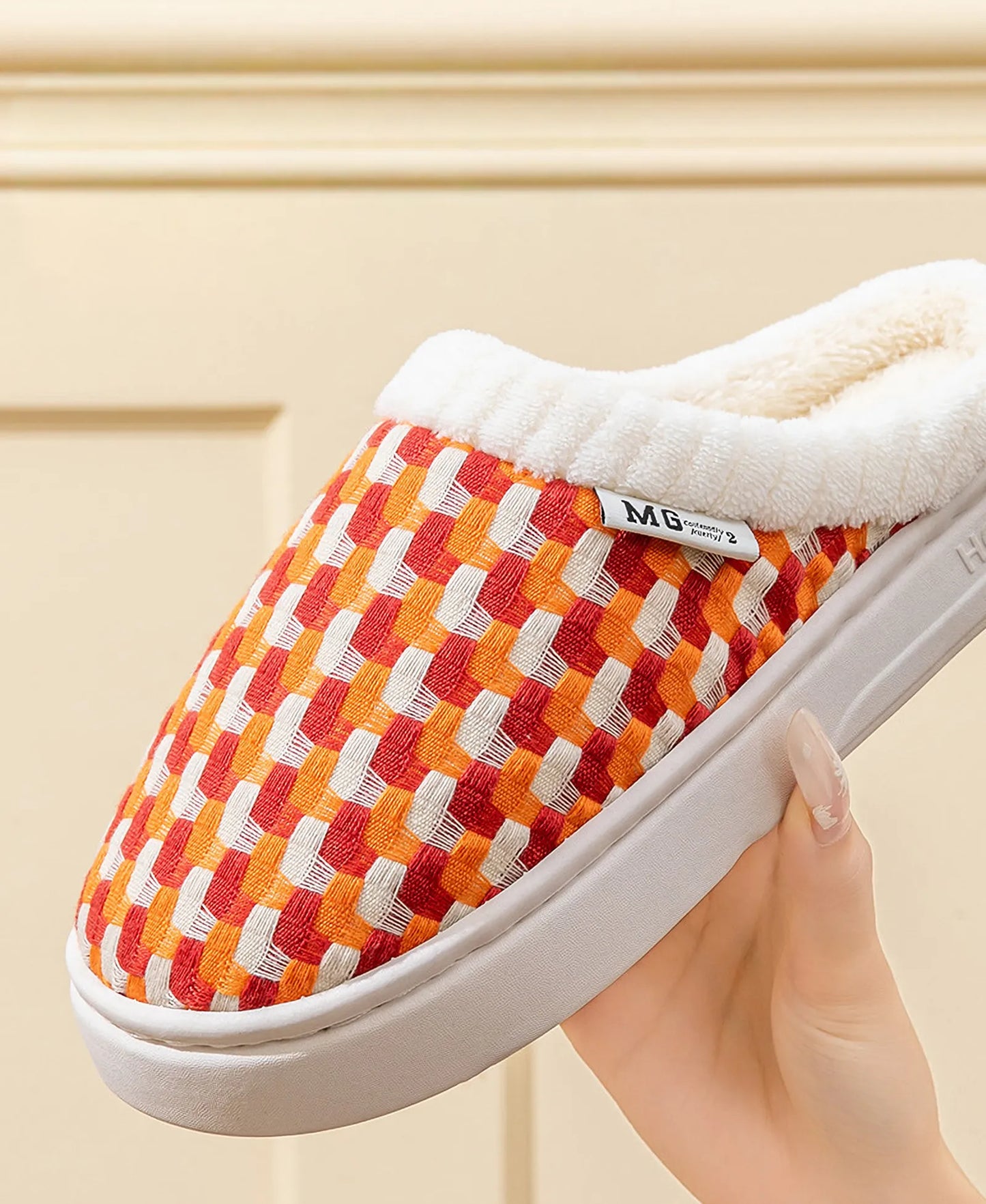 Fuzzy Woven Gingham Plush House Slippers