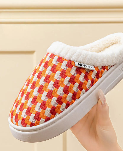 Fuzzy Woven Gingham Plush House Slippers