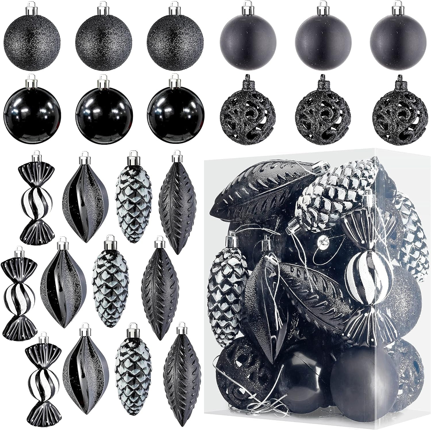 Prextex Christmas Tree Ornaments - Black Christmas Ball Ornaments Set for Christmas, Holiday, Wreath & Party Decorations (24 Pcs - Small, Medium, Large) Shatterproof Black Christmas Ornaments Hanging Ornaments Home & Kitchen Home Décor Accents Home Décor Products