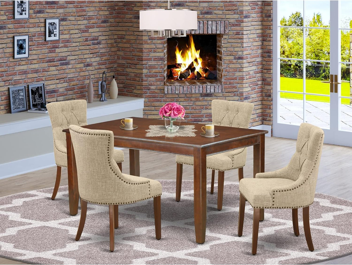 East West Furniture DUFR5-MAH-05 5-Pc Wooden Dining Table Set - Parson Dining Chairs with Doeskin Linen Fabric Seat and Button-Tufted Back - a Rectangular Dining Room Table (Mahogany Finish) Dining Room Furniture Furniture Home & Kitchen Table & Chair Sets