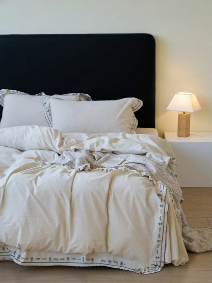 Textured Embroidered Ruffle Linen Bedding Set