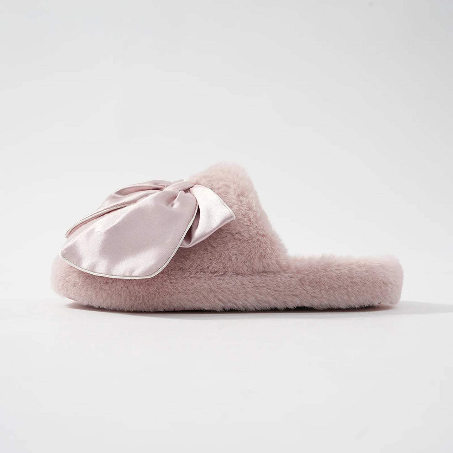 Plush Satin Bow Faux Fur House Slippers