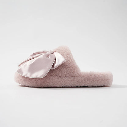 Plush Satin Bow Faux Fur House Slippers