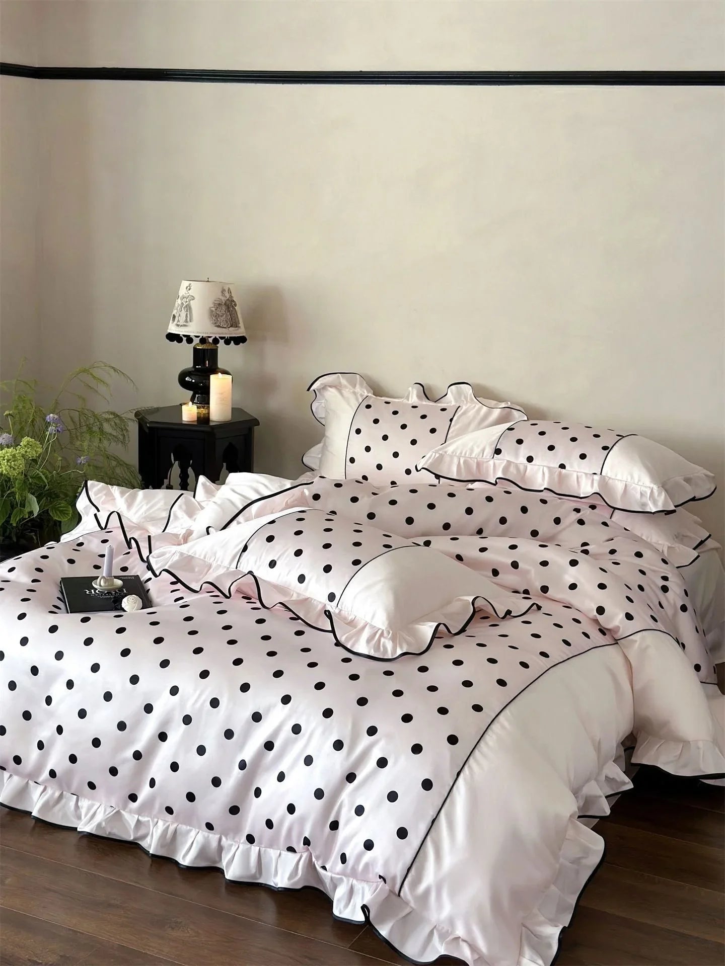Silky Ruffled Polka Dot Tencel Bedding Set
