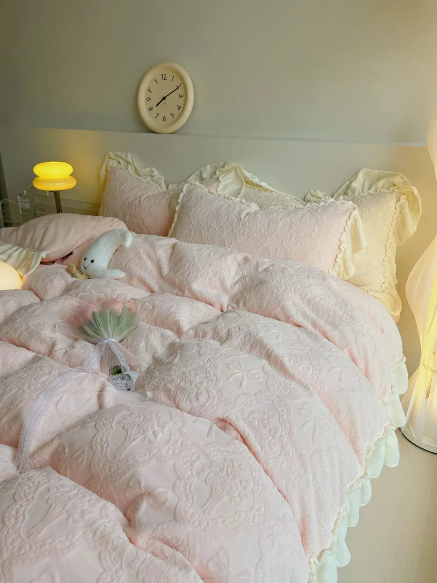 Plush Ruffled Embossed Bow Flannel Fleece Bedding Set