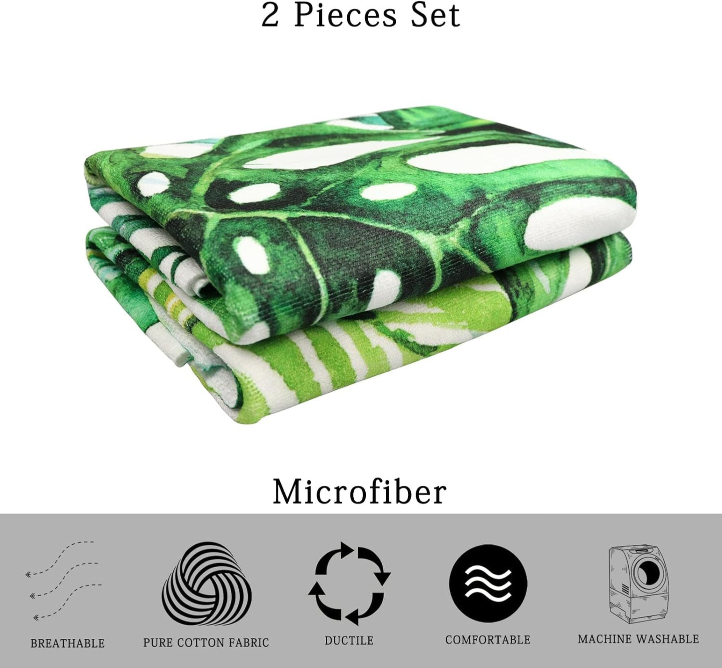 Vantaso Bath Hand Towels Face Terry Towel Washcloth Couple Bathroom Set of 2 Green Tropical Palm & Fern Leaves Kitchen Decor Soft Quick Dry Super Absorbent 30 X 15 Inch Bath Home & Kitchen Towel Sets Towels