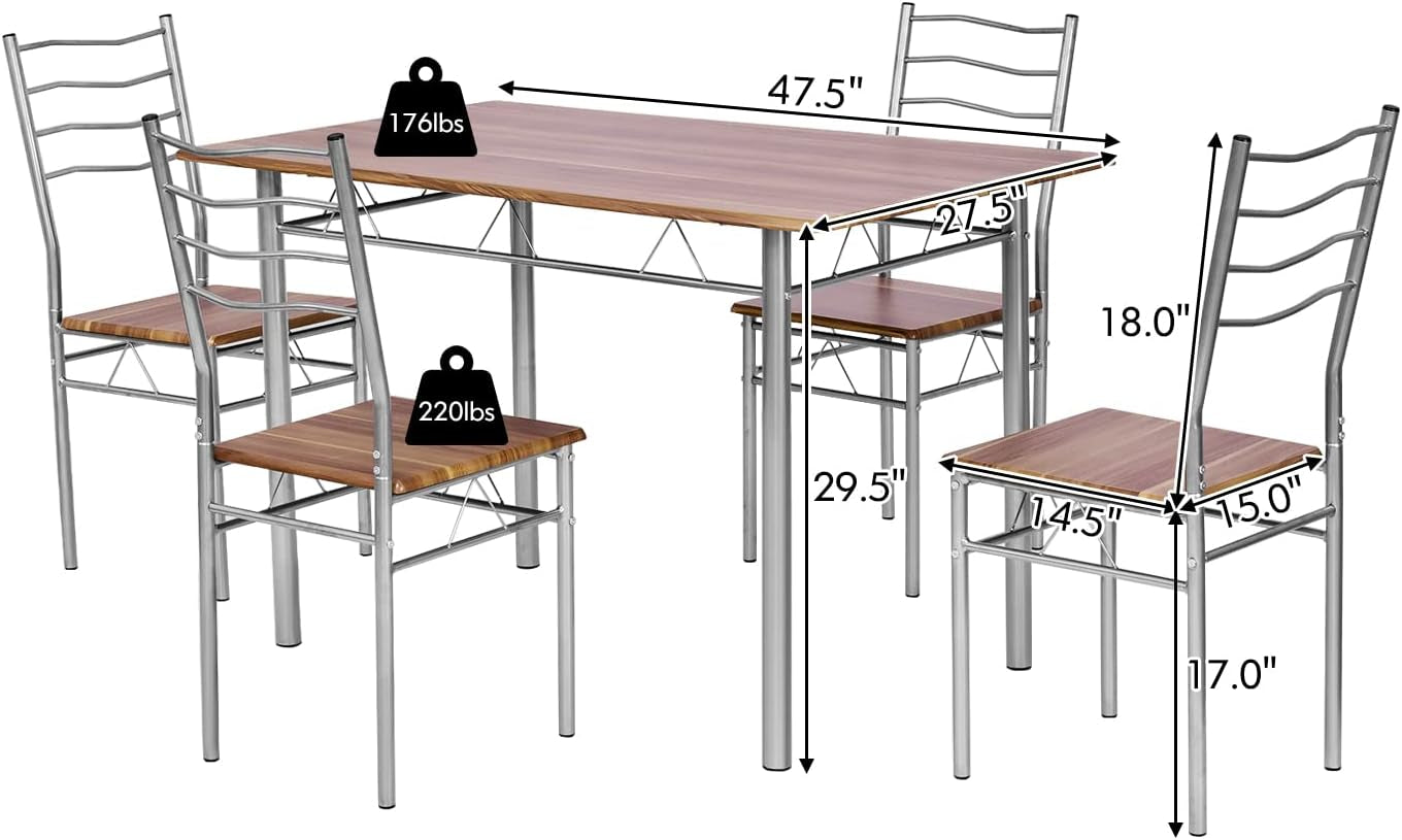 COSTWAY 5 Pieces Dining Room Table Set, Modern Kitchen Table Set with Metal Framework & Anti-Slip Pads, Dining Furniture Set with 4 High Back Chairs for Dining Room, Restaurant and Cafe (Natural Wood) Dining Room Furniture Furniture Home & Kitchen Table & Chair Sets