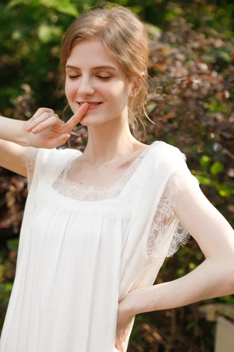 Silky Soft Lace Trim Cotton Sateen Pajama Dress