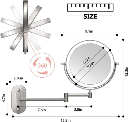 Erealmirror Rechargeable LED Lighted Makeup Mirror Wall Mounted Double Sided 10X Magnifying Bathroom Mirror with 3 Color Lights Dimming 360 Degree Rotation, Extension Arm, Brushed Nickel Beauty & Personal Care Makeup Mirrors Mirrors Tools & Accessories