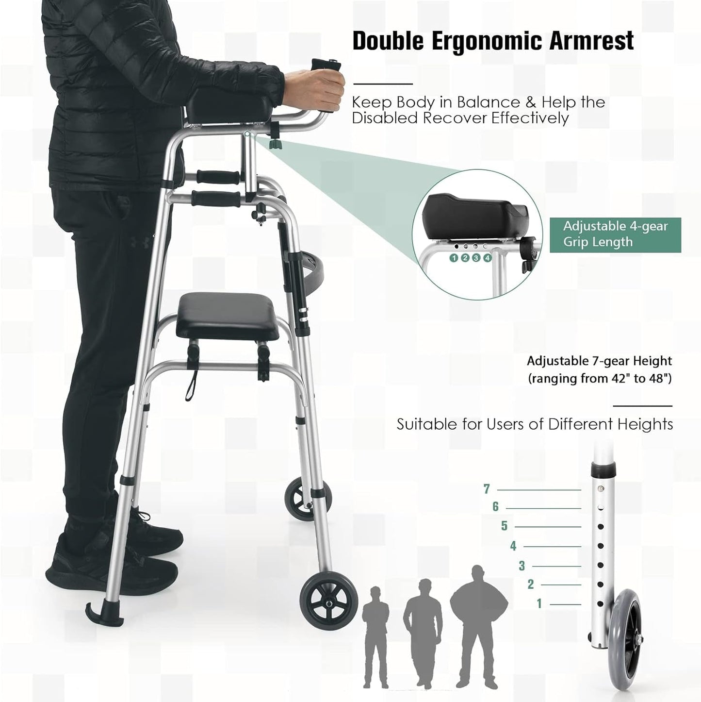 Goplus Folding Walker for Seniors, Lightweight Standard Walker with 5’’ Wheels, Seat and Arm Rest Pad, Height Adjustable Platform Walker, Standing & Walking Mobility Aid for Elderly Handicap Disabled Medical Supplies & Equipment Mobility & Daily Living Aids Mobility Aids & Equipment Rollators & Accessories Standard Walkers Walkers