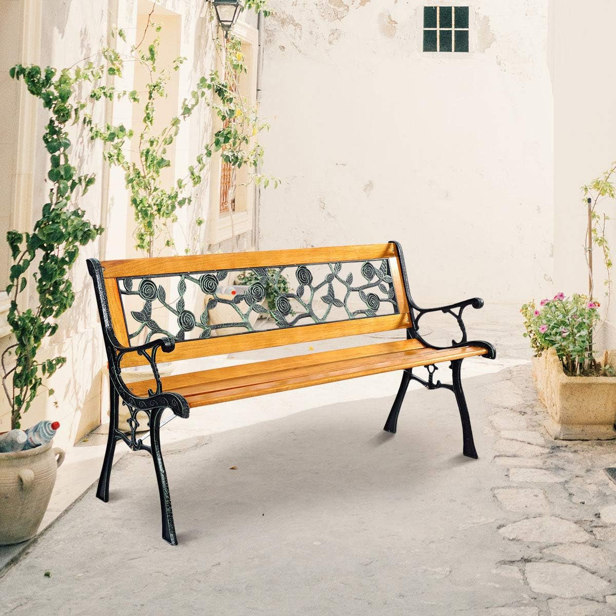 Giantex 50'' Patio Park Garden Bench, Outdoor Furniture Rose Cast Iron Hardwood Frame Porch Loveseat for 2 Person Outdoor Clearance Benches Lawn & Garden Patio Patio Furniture & Accessories Patio Seating