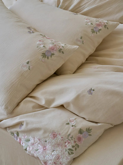 Intricate Wildflower Embroidered Linen Bedding Set