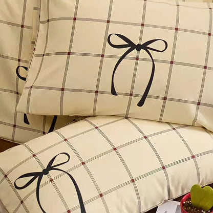 Soft Bow & Plaid Cotton Bedding Set