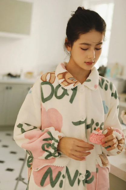 Plush Fuzzy Teddy Bear & Heart Print Flannel Fleece Pajama
