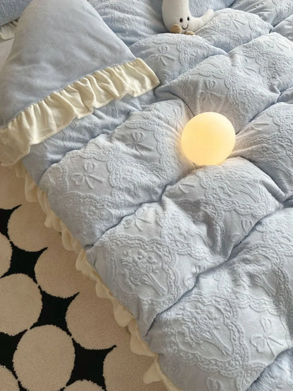 Plush Ruffled Embossed Bow Flannel Fleece Bedding Set