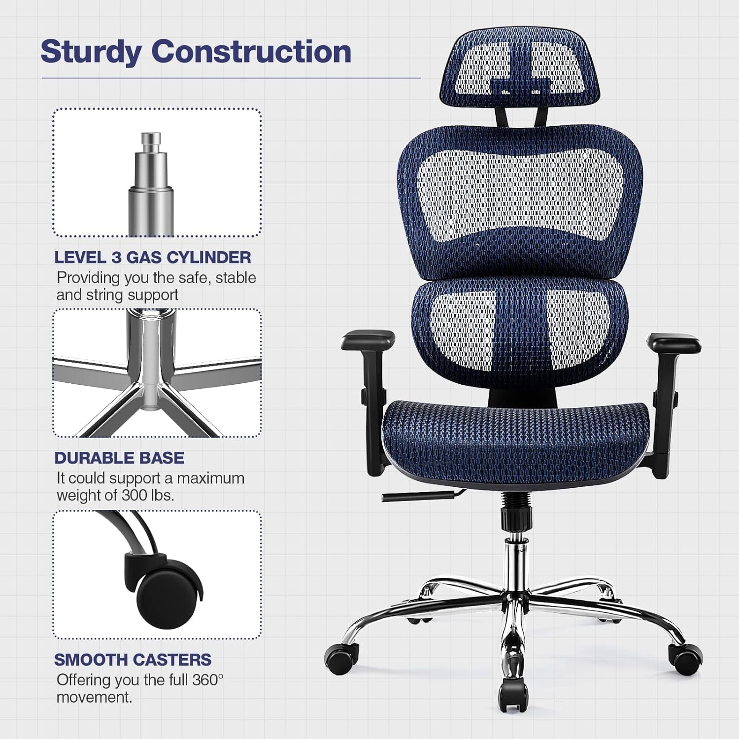 JHK Ergonomic High Back Office Chair with Headrest, Lumbar Support, Movable Armrests, Swivel Mesh Office Chair with 300 Lbs Capacity Adjustable Height for Home Office, Executive, Blue (WY-5283-BU) Chairs & Sofas Managerial & Executive Chairs Office Furniture & Lighting Office Products