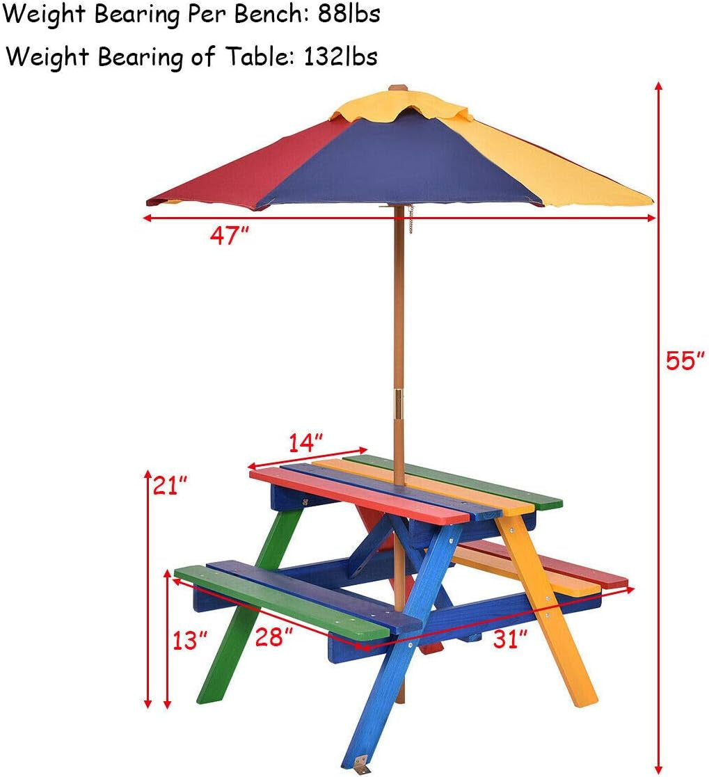 Costzon Kids Picnic Table Set, Colorful Wood Picnic Table and Benches with Removable/Folding Umbrella, Children Rainbow Bench Outdoor Patio Set Lawn & Garden Patio Patio Furniture & Accessories Picnic Tables Tables