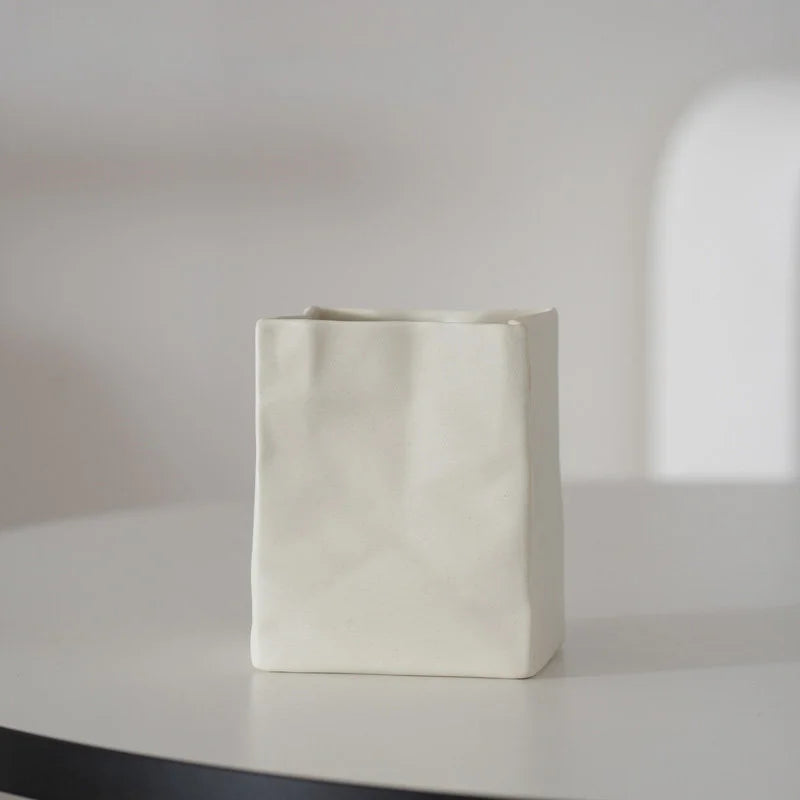 Textured Crumpled Paper Bag Ceramic Desktop Organizer