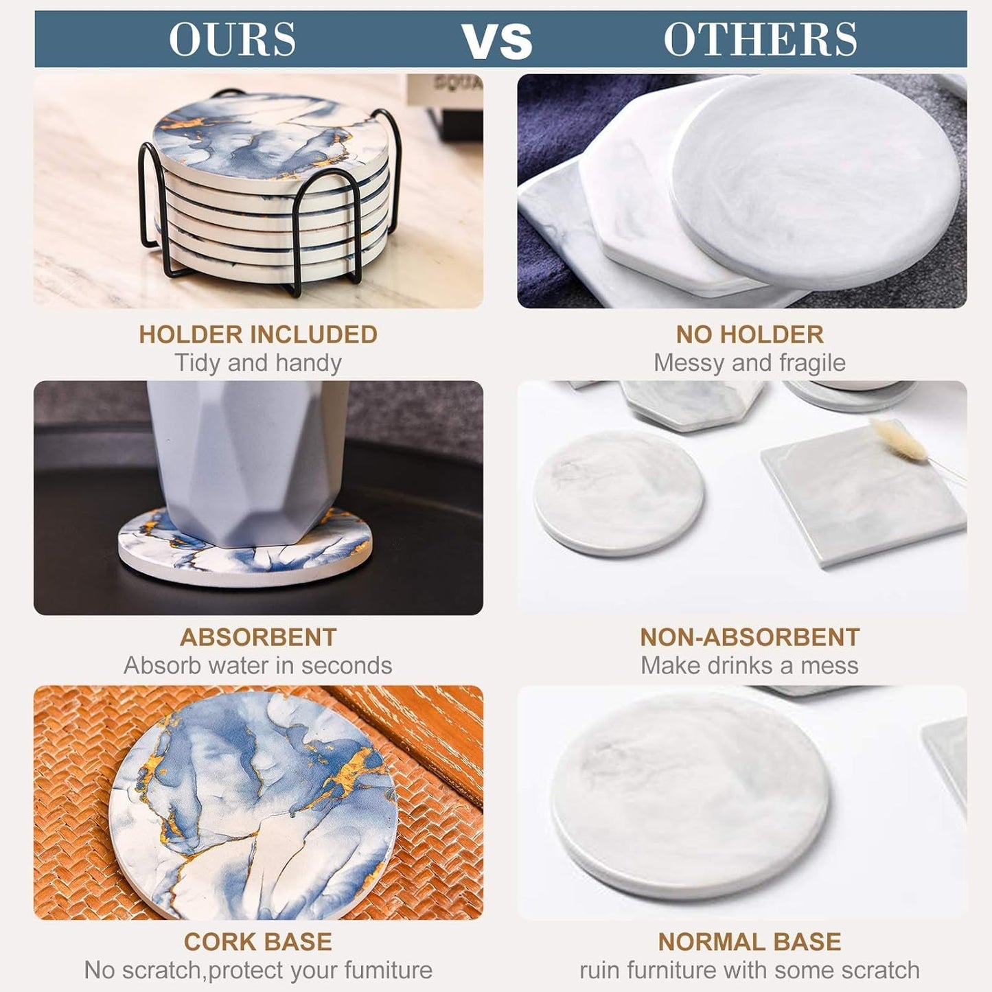 Coasters for Drinks, Absorbent Drink Coasters with Holder (6-Piece Set), Marble Coasters, Ceramic Blue Coasters Set for Home and Kitchen - Glacier Bar Tools Bar Tools & Drinkware Coasters Dining & Entertaining Home & Kitchen Kitchen & Dining