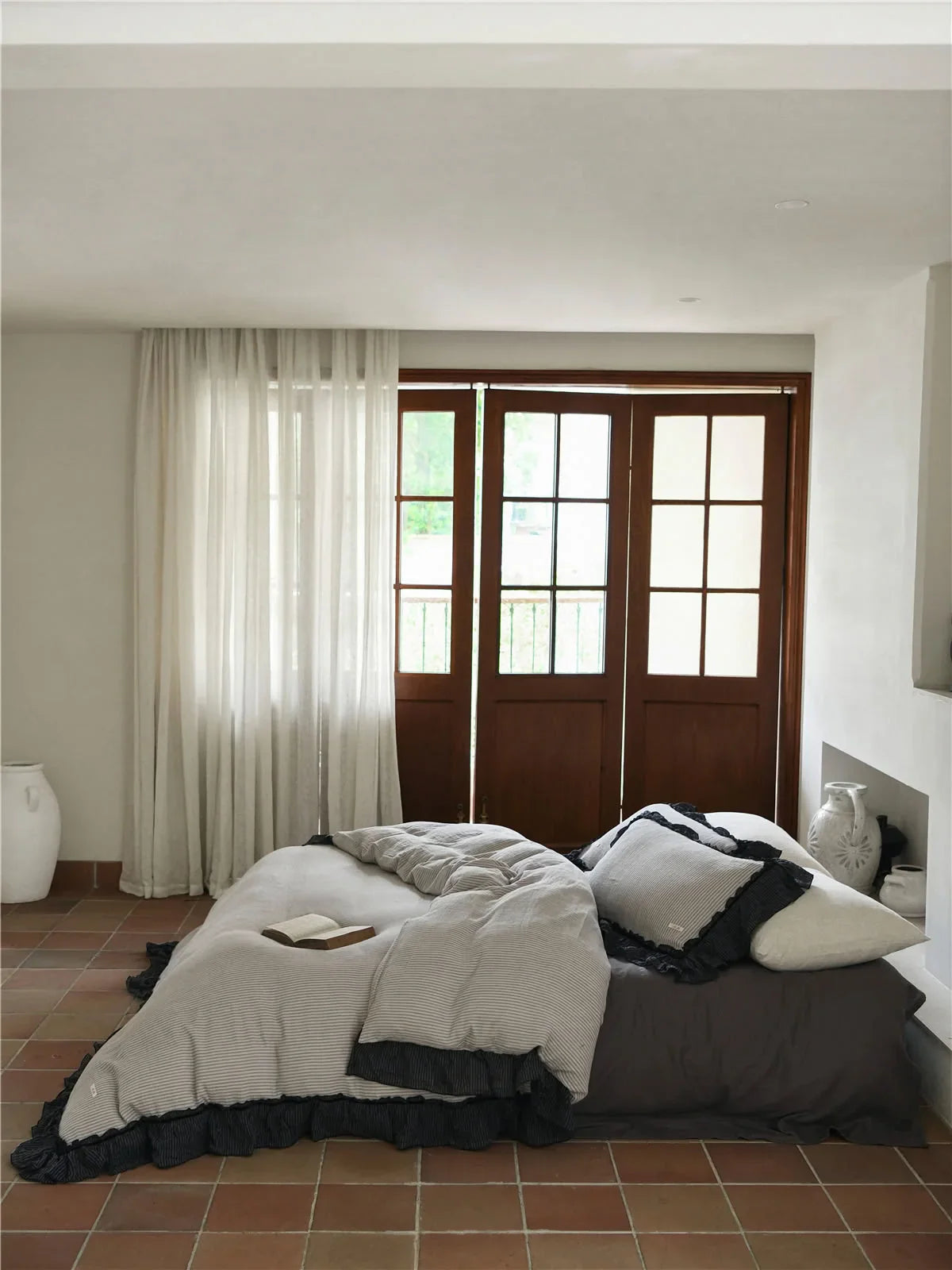 Ruffle Trim Pinstripe Washed Cotton Bedding Set