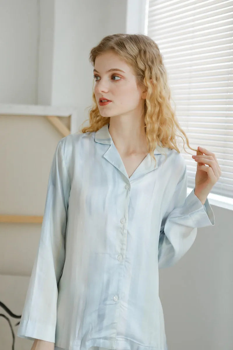 Silky Ice Blue Striped Cotton Sateen Pajama Set