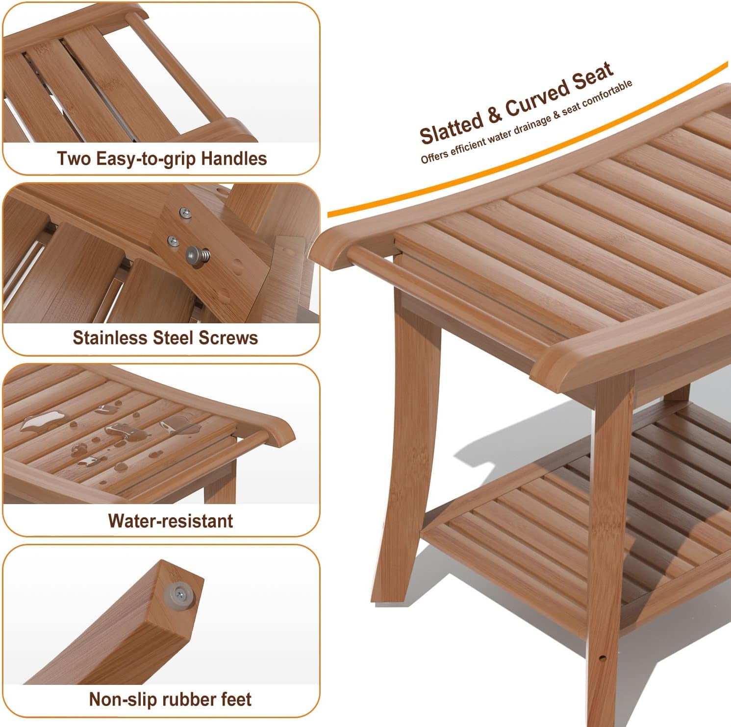 Bamboo Shower Stool Bench Waterproof with Storage Shelf for Shaving Legs or Spa Bath Seat in Bathroom & inside Shower for Adults Seniors Elderly (24 X 13.4 X 18.5 Inches+Walnut) Aids & Accessories Bath & Shower Aids Bath & Shower Safety Seating & Transfer Benches Bathroom Safety Mobility & Daily Living Aids