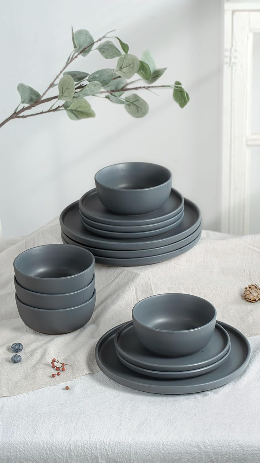 Famiware DAWN Serise Dinnerware Sets, 12-Piece Stoneware Plates and Bowls Sets, Matte Dishes Set Service for 4- Microwave and Dishwasher Safe, Charcoal Dining & Entertaining Dinnerware Dinnerware & Serveware Dinnerware Sets Home & Kitchen Kitchen & Dining