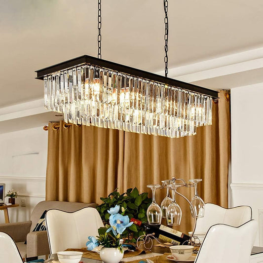 Modern K9 Crystal Chandelier Pendant Light Fixture, Rectangular Ceiling Lamp with 8-Lights for Dining Room & Kitchen, Finished in Chrome, L33.5 Inch Ceiling Lights Chandeliers Lighting & Ceiling Fans Tools & Home Improvement