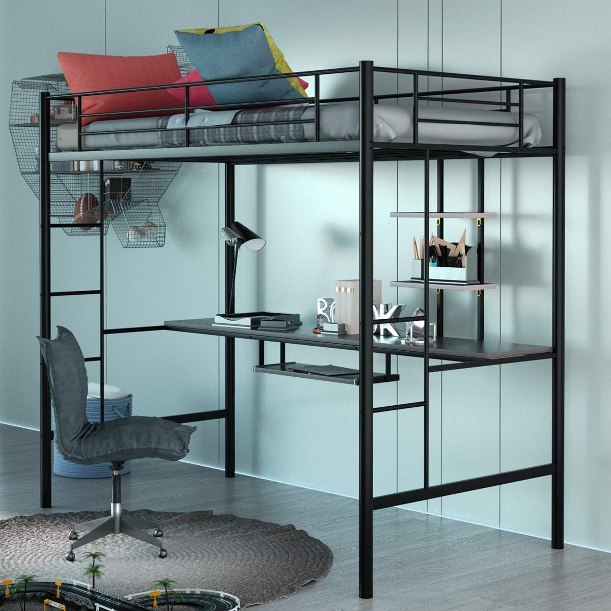 Giantex Metal Loft Bed Frame, Twin Size Bunk Bed with Bilateral Ladders, Guardrails, Desk and Bookcase, Space-Saving Loft Bed with Keyboard Tray for Boys & Girls Teens (Twin, Black) Bedroom Furniture Beds Frames & Bases Furniture Home & Kitchen