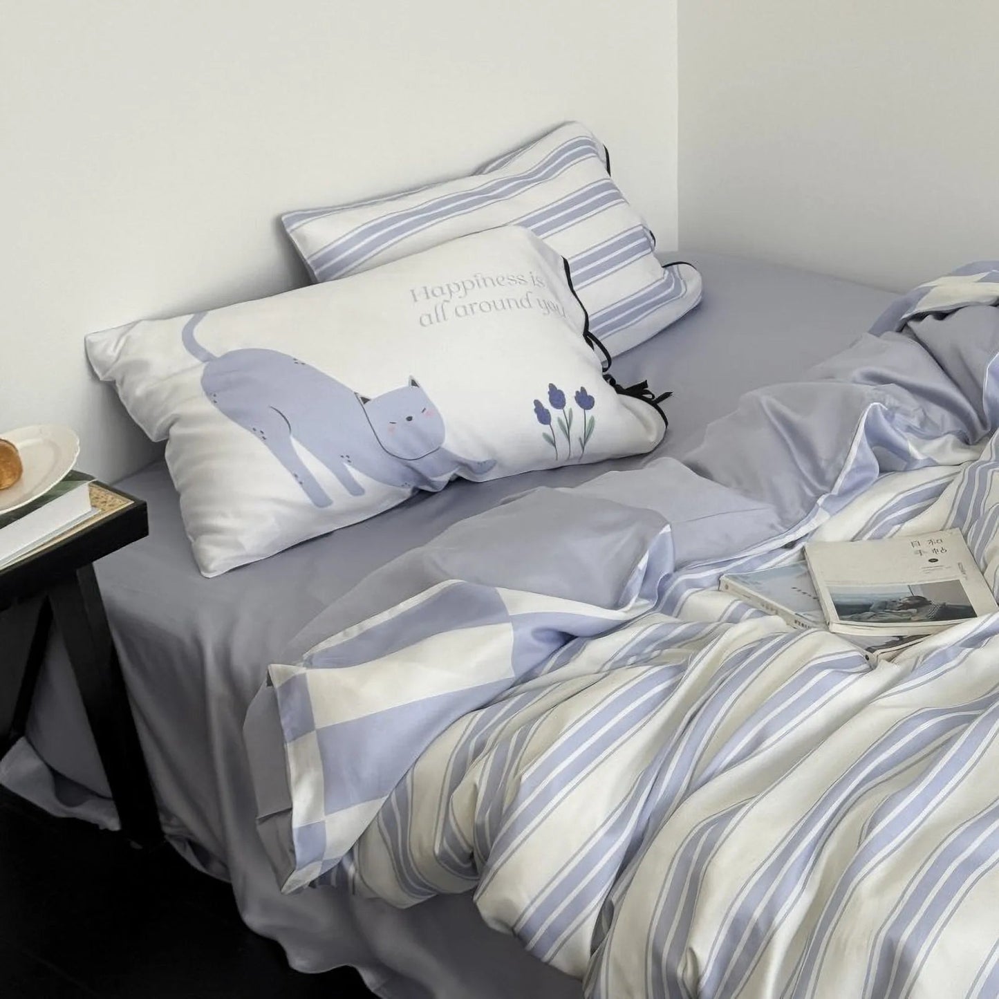 Soft Cat & Stripe Washed Cotton Bedding Set