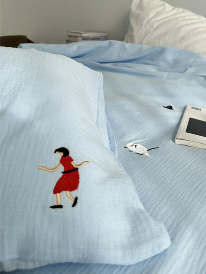 Textured Whimsical Embroidered Washed Cotton Bedding Set