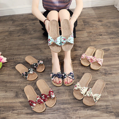 Woven Floral Bow Linen House Slippers
