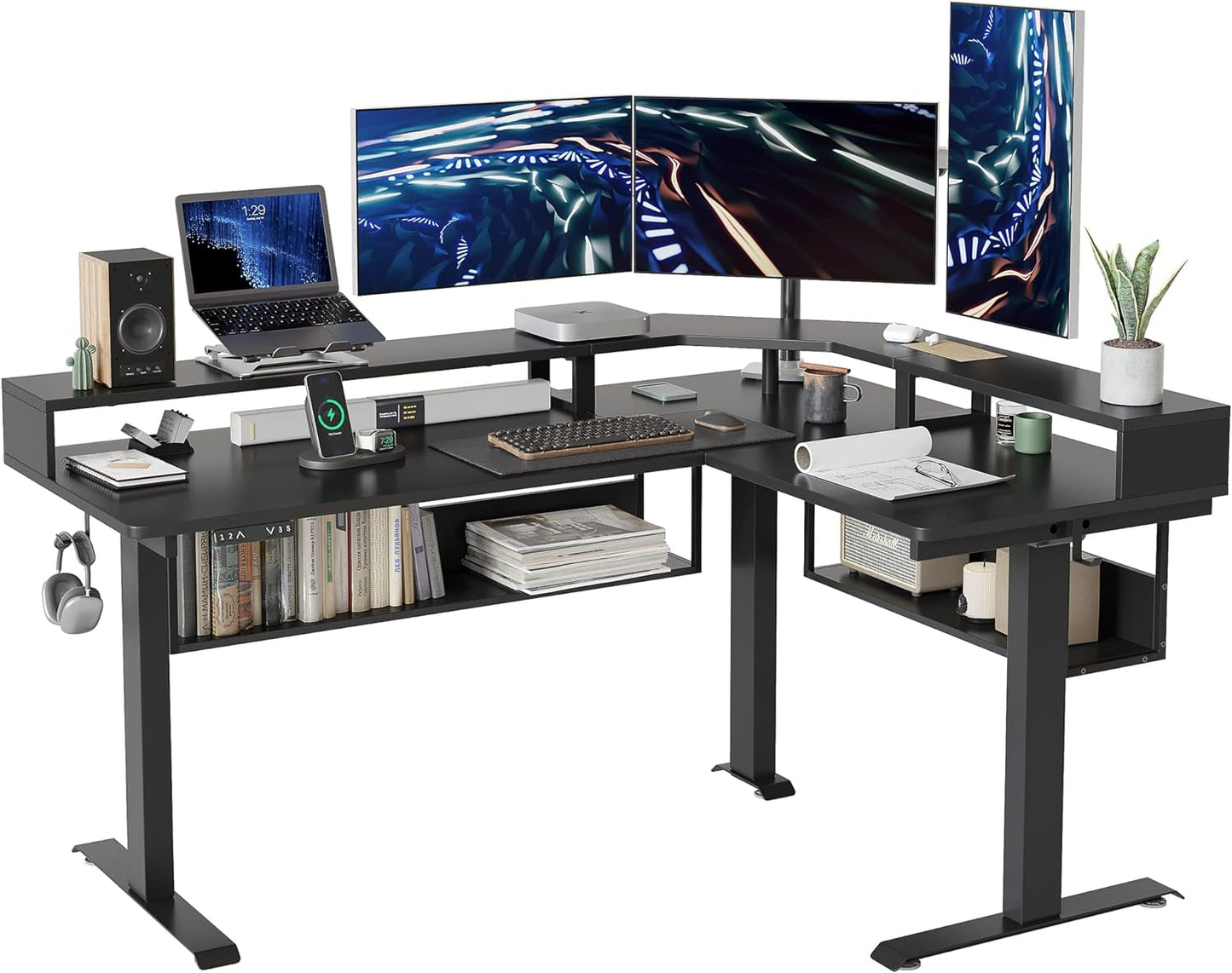 FEZIBO Triple Motor 63" L Shaped Standing Desk with 3 Drawers, Electric Standing Gaming Desk Adjustable Height, Corner Stand up Desk with Splice Board, White Frame/White Top Furniture Home & Kitchen Home Office Desks Home Office Furniture