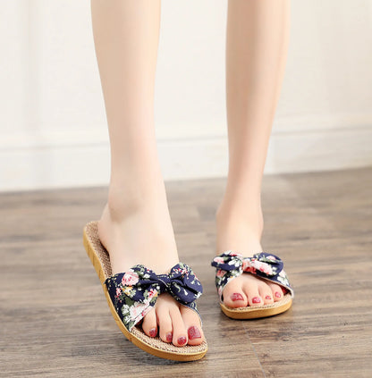 Woven Floral Bow Linen House Slippers