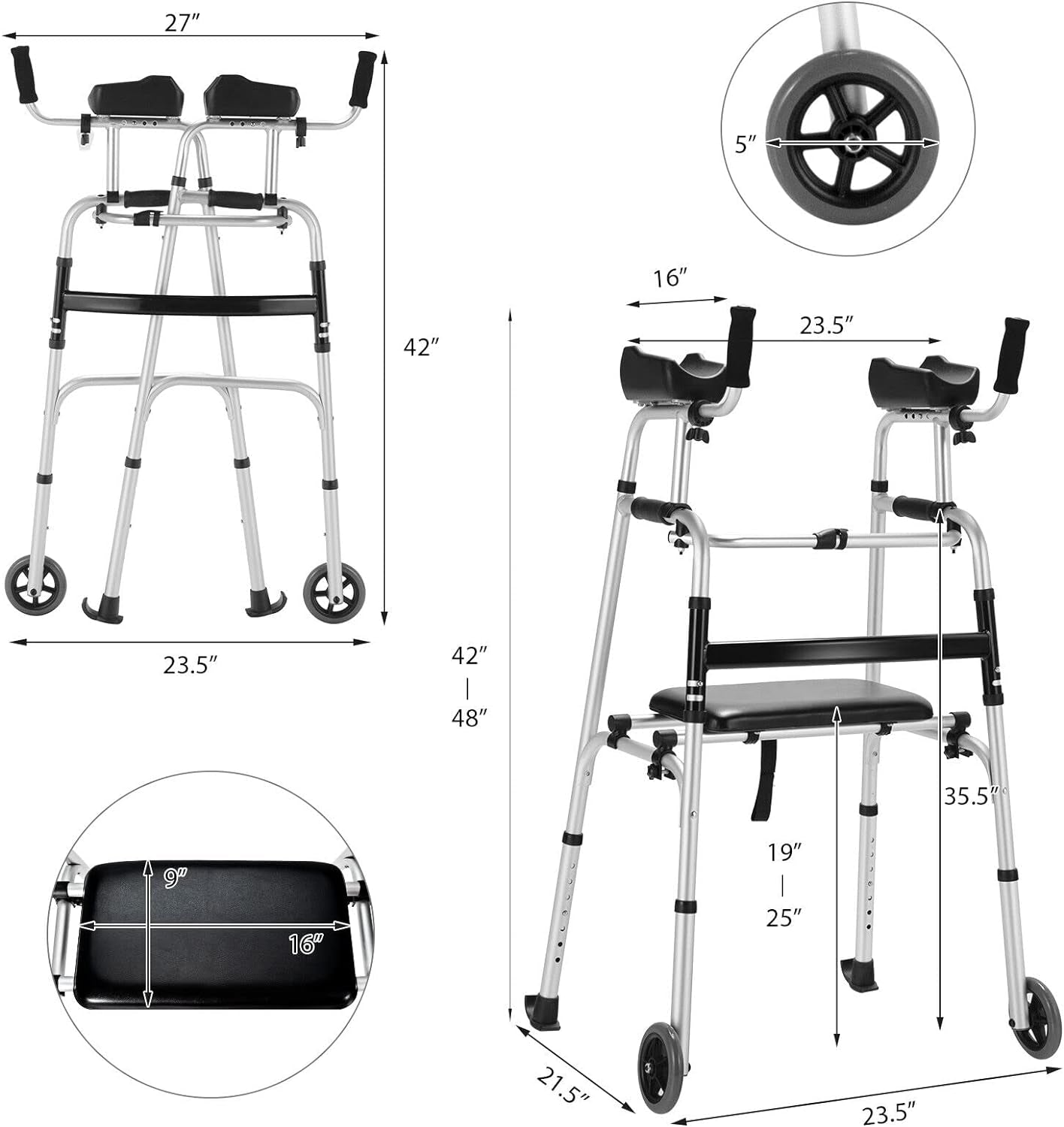 Goplus Folding Walker for Seniors, Lightweight Standard Walker with 5’’ Wheels, Seat and Arm Rest Pad, Height Adjustable Platform Walker, Standing & Walking Mobility Aid for Elderly Handicap Disabled Medical Supplies & Equipment Mobility & Daily Living Aids Mobility Aids & Equipment Rollators & Accessories Standard Walkers Walkers