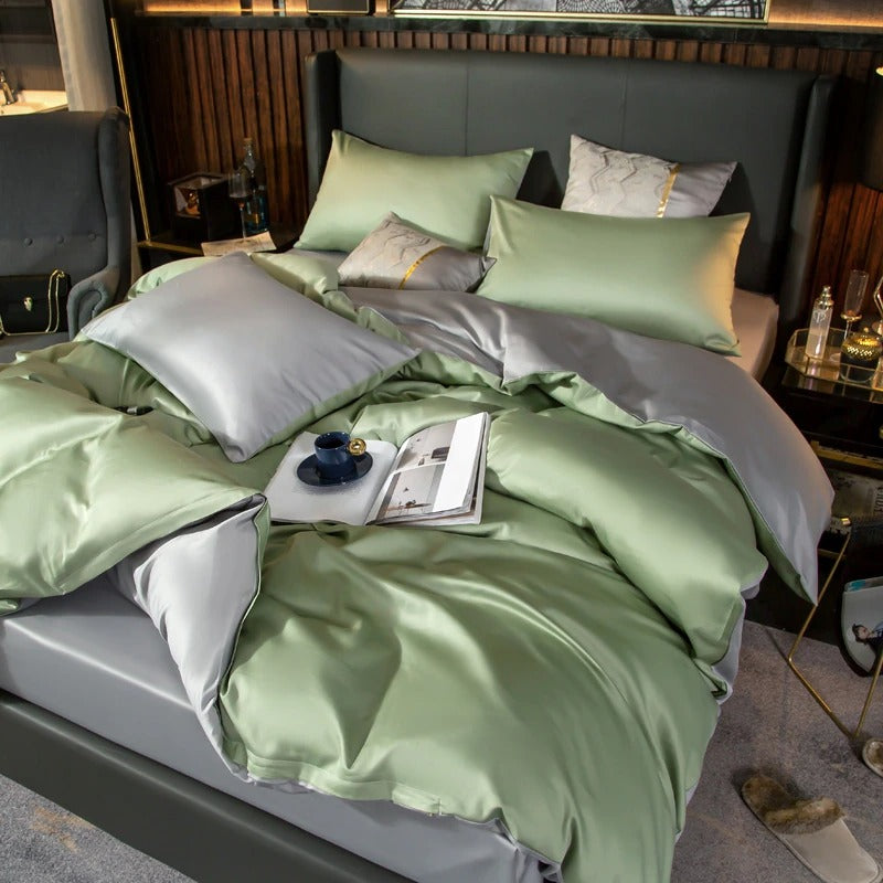 Shemir Light Green Silver Reversible Egyptian Cotton Bedding Set