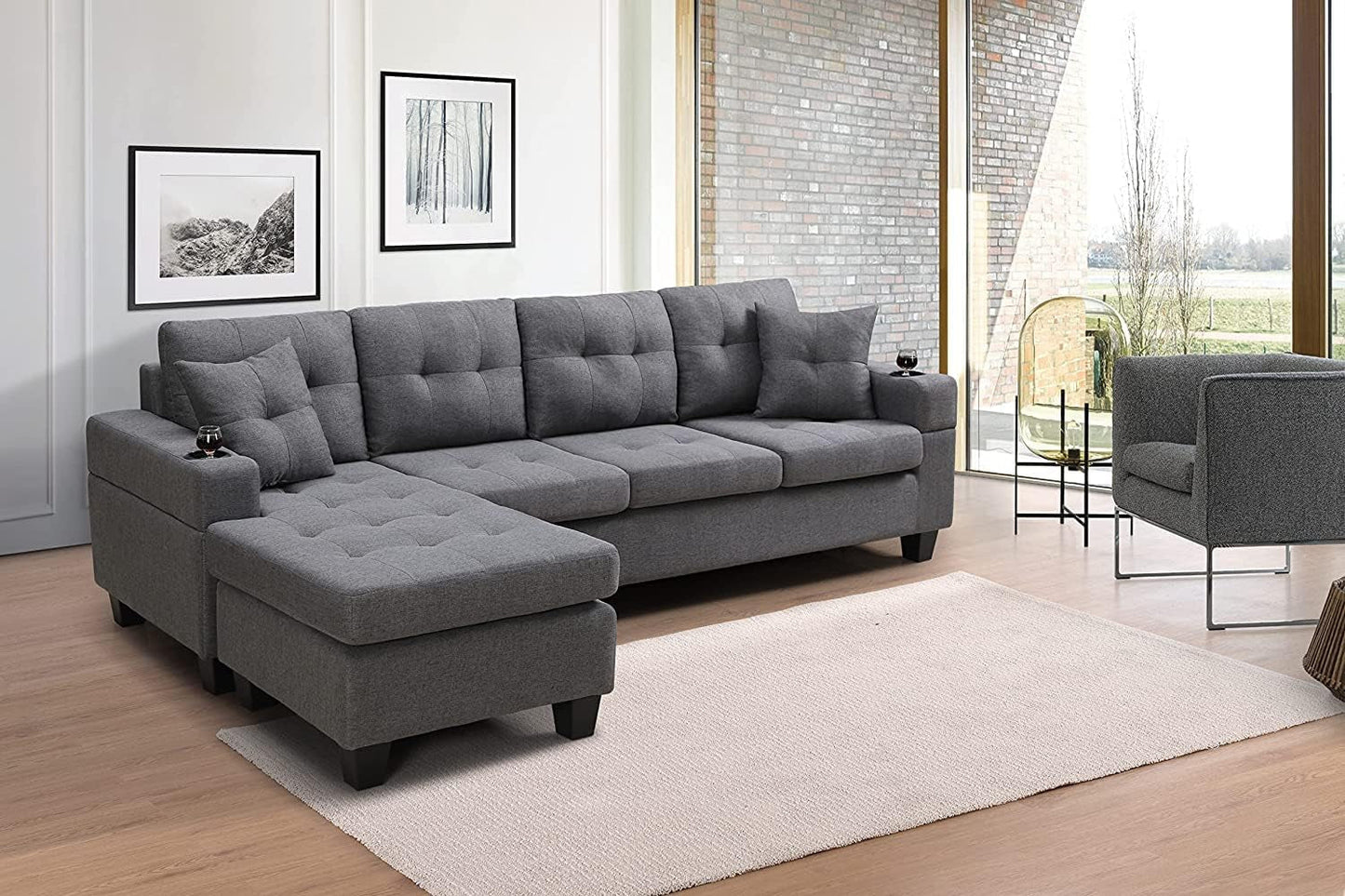 Gray Sectional Sofa with Reversible Left/Right Chaise Lounge and 2 Cup Holders, 4-Seat L-Shaped Couch for Home Apartment Living Room Compact Space Furniture Furniture Home & Kitchen Living Room Furniture Sofas & Couches